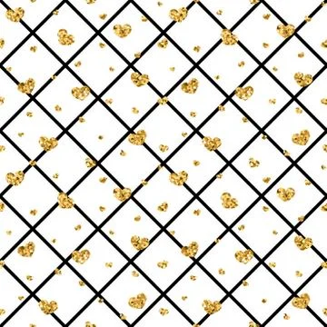 Gold heart seamless pattern. Black-white geometric decoration, golden confett Stock Illustration