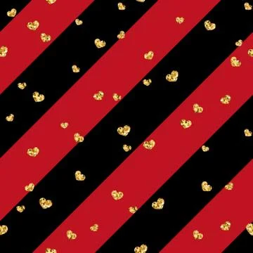 Gold heart seamless pattern. Black-red geometric stripes, golden confetti-hea Stock Illustration