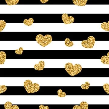 Gold heart seamless pattern. Black-white geometric stripes, golden confetti-h Stock Illustration