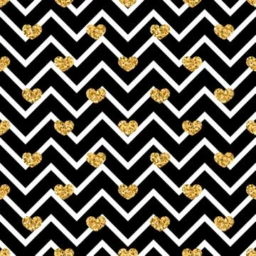 Gold heart seamless pattern. Black-white geometric zig zag, golden confetti-h Stock Illustration