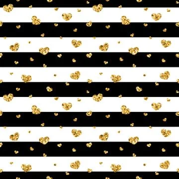 Gold heart seamless pattern. Black-white geometric stripes, golden confetti-h Stock Illustration