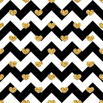 Gold heart seamless pattern. Black-white geometric zig zag, golden confetti-h Stock Illustration