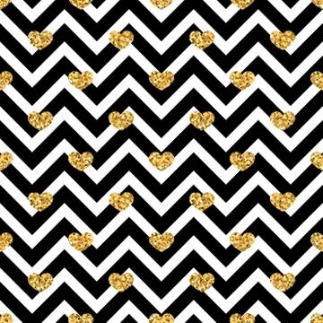 Gold heart seamless pattern. Black-white geometric zig zag, golden confetti-h Illustrazione stock