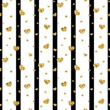 Gold heart seamless pattern. Black-white geometric stripes, golden confetti-h Stock Illustration