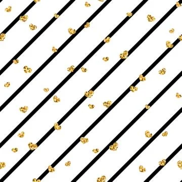 Gold heart seamless pattern. Black-white geometric stripes, golden confetti-h Stock Illustration