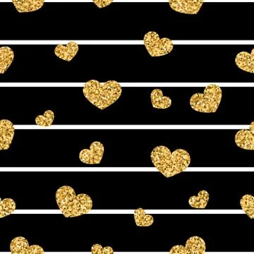 Gold heart seamless pattern. Black-white geometric stripes, golden confetti-h Stock Illustration
