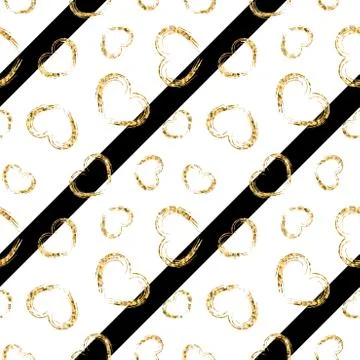 Gold heart seamless pattern. Black-white geometric stripes, golden grunge con Stock Illustration