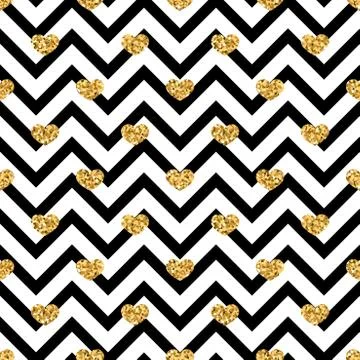 Gold heart seamless pattern. Black-white geometric zig zag, golden confetti-h イラスト素材