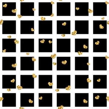 Gold heart seamless pattern. Black-white geometric square, golden confetti-he Stock Illustration