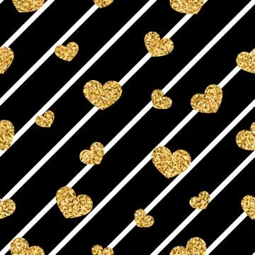 Gold heart seamless pattern. Black-white geometric stripes, golden confetti-h Stock Illustration