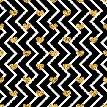 Gold heart seamless pattern. Black-white geometric zig zag, golden confetti-h Stock Illustration