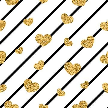 Gold heart seamless pattern. Black-white geometric stripes, golden confetti-h Stock Illustration