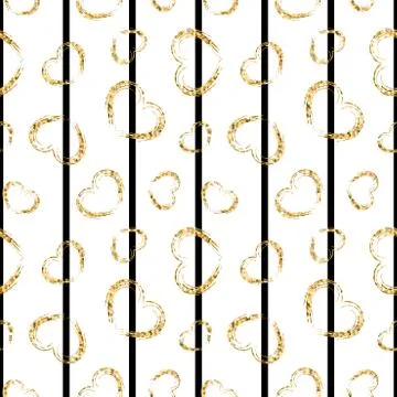 Gold heart seamless pattern. Black-white geometric stripes, golden grunge con Stock Illustration