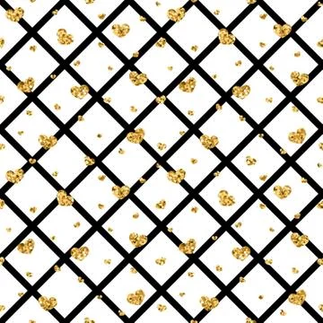Gold heart seamless pattern. Black-white geometric decoration, golden confett Stock Illustration