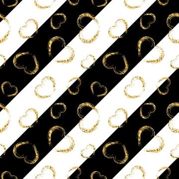 Gold heart seamless pattern. Black-white geometric stripes, golden grunge con Stock Illustration