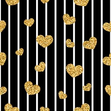 Gold heart seamless pattern. Black-white geometric stripes, golden confetti-h Illustrazione stock