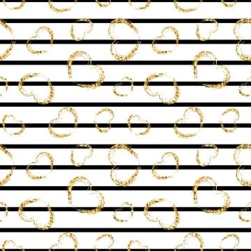Gold heart seamless pattern. Black-white geometric stripes, golden grunge con Stock Illustration