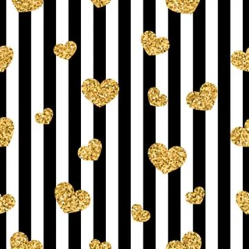 Gold heart seamless pattern. Black-white geometric stripes, golden confetti-h Stock Illustration