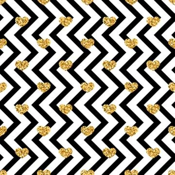Gold heart seamless pattern. Black-white geometric zig zag, golden confetti-h Stock Illustration