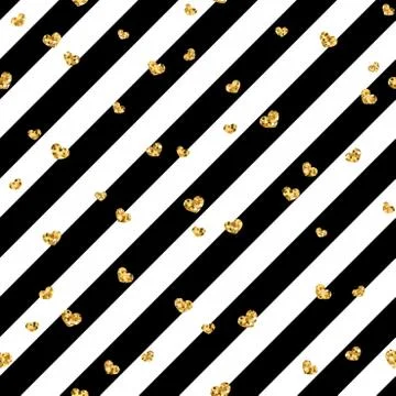 Gold heart seamless pattern. Black-white geometric stripes, golden confetti-h Stock Illustration