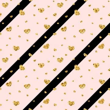 Gold heart seamless pattern. Black-pink geometric stripes, golden confetti-he Stock Illustration