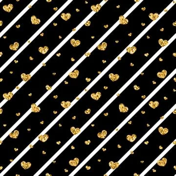 Gold heart seamless pattern. Black-white geometric stripes, golden confetti-h Stock Illustration