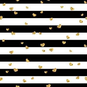 Gold heart seamless pattern. Black-white geometric stripes, golden confetti-h Stock Illustration