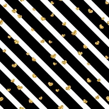 Gold heart seamless pattern. Black-white geometric stripes, golden confetti-h Stock Illustration