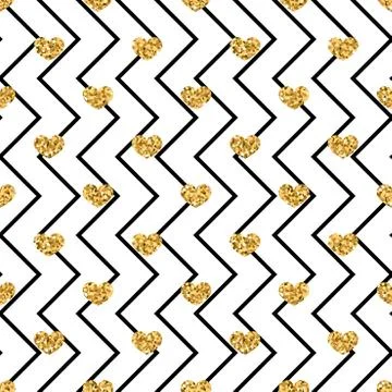 Gold heart seamless pattern. Black-white geometric zig zag, golden confetti-h Stock Illustration