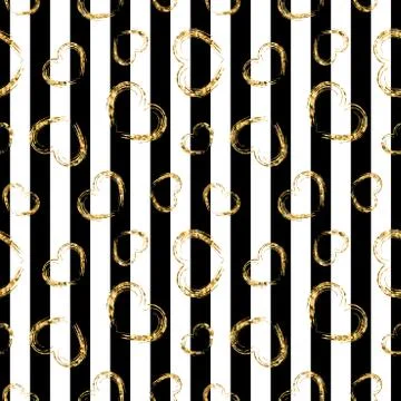 Gold heart seamless pattern. Black-white geometric stripes, golden grunge con Stock Illustration