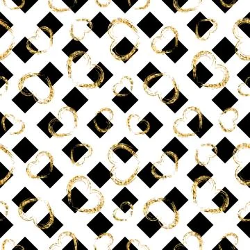 Gold heart seamless pattern. Black-white geometric stripes, golden grunge con Stock Illustration