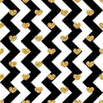 Gold heart seamless pattern. Black-white geometric zig zag, golden confetti-h Stock Illustration