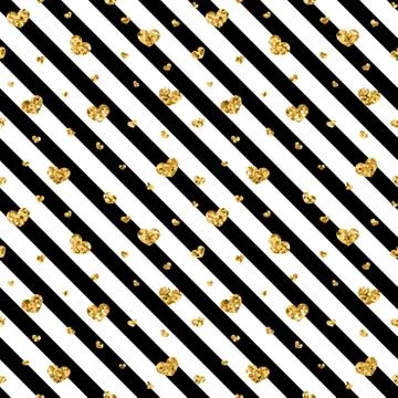 Gold heart seamless pattern. Black-white geometric stripes, golden confetti-h Illustrazione stock