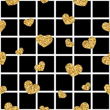 Gold heart seamless pattern. Black-white geometric square, golden confetti-he Stock Illustration