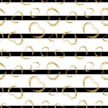 Gold heart seamless pattern. Black-white geometric stripes, golden grunge con Stock Illustration