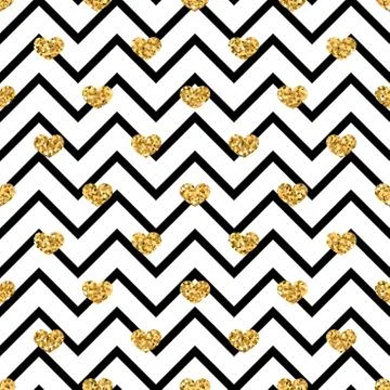 Gold heart seamless pattern. Black-white geometric zig zag, golden confetti-h Illustrazione stock