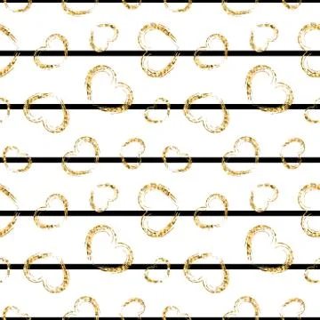Gold heart seamless pattern. Black-white geometric stripes, golden grunge con Stock Illustration