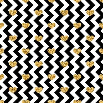 Gold heart seamless pattern. Black-white geometric zig zag, golden confetti-h Stock Illustration
