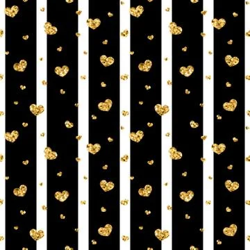 Gold heart seamless pattern. Black-white geometric stripes, golden confetti-h Stock Illustration