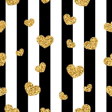 Gold heart seamless pattern. Black-white geometric stripes, golden confetti-h Stock Illustration