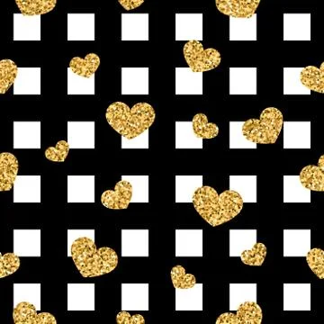Gold heart seamless pattern. Black-white geometric square, golden confetti-he Stock Illustration