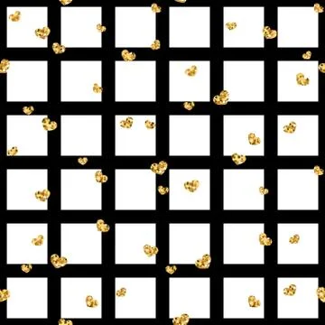 Gold heart seamless pattern. Black-white geometric square, golden confetti-he Stock Illustration