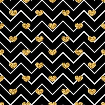 Gold heart seamless pattern. Black-white geometric zig zag, golden confetti-h Stock Illustration