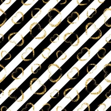 Gold heart seamless pattern. Black-white geometric stripes, golden grunge con Stock Illustration