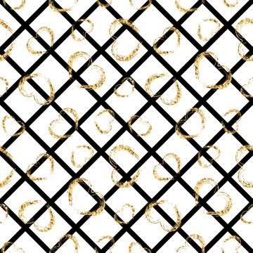 Gold heart seamless pattern. Black-white geometric stripes, golden grunge con Stock Illustration