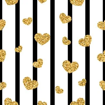 Gold heart seamless pattern. Black-white geometric stripes, golden confetti-h Stock Illustration