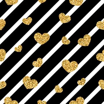 Gold heart seamless pattern. Black-white geometric stripes, golden confetti-h Stock Illustration