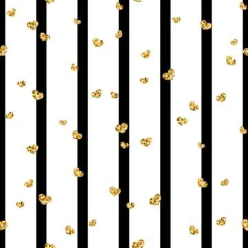 Gold heart seamless pattern. Black-white geometric stripes, golden confetti-h Stock Illustration
