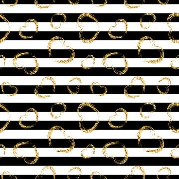 Gold heart seamless pattern. Black-white geometric stripes, golden grunge con Stock Illustration