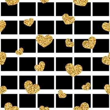Gold heart seamless pattern. Black-white geometric square, golden confetti-he Stock Illustration